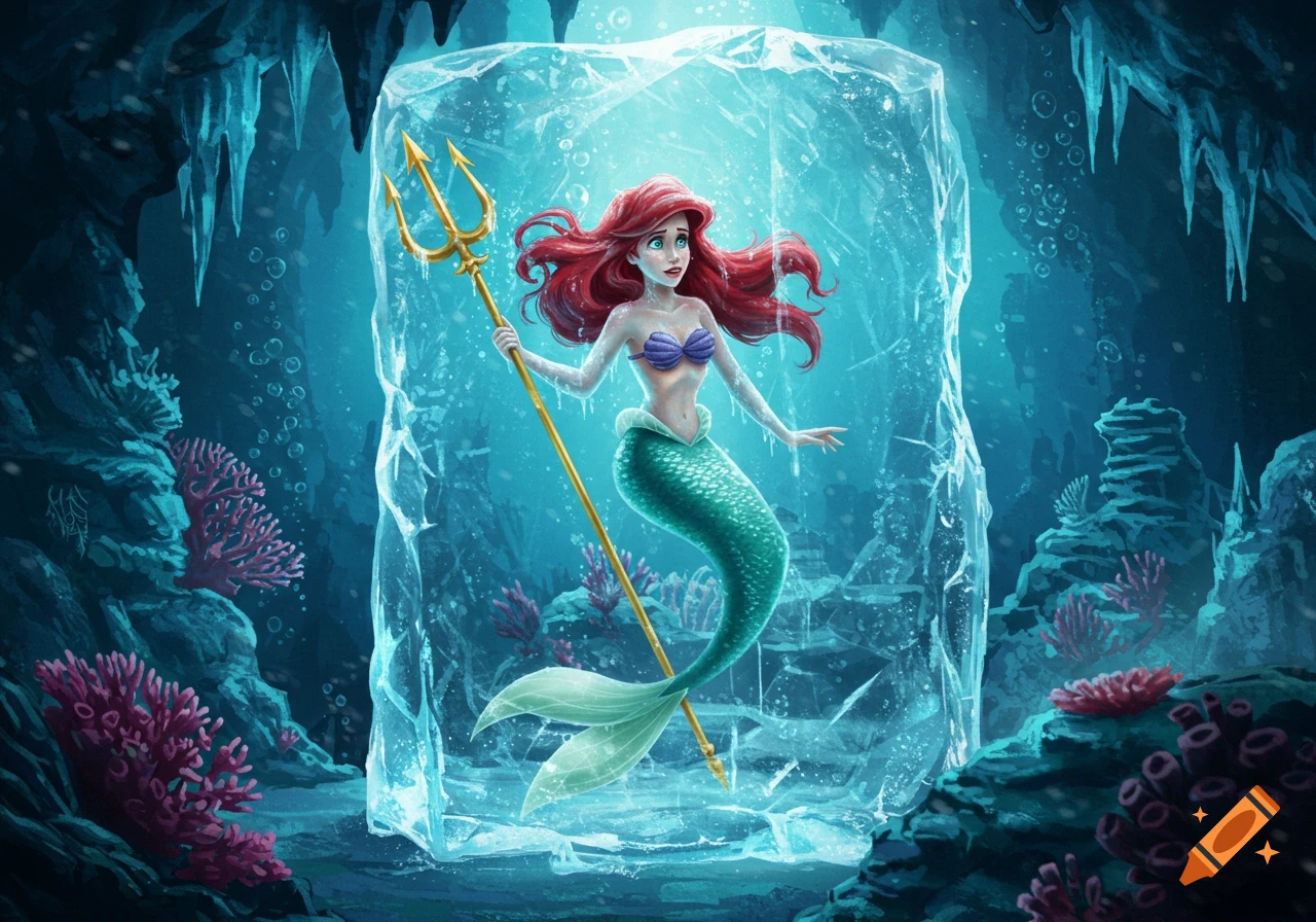 Ariel from The Little Mermaid frozen in a block of ice, holding a golden trident, in an underwater cave with coral.