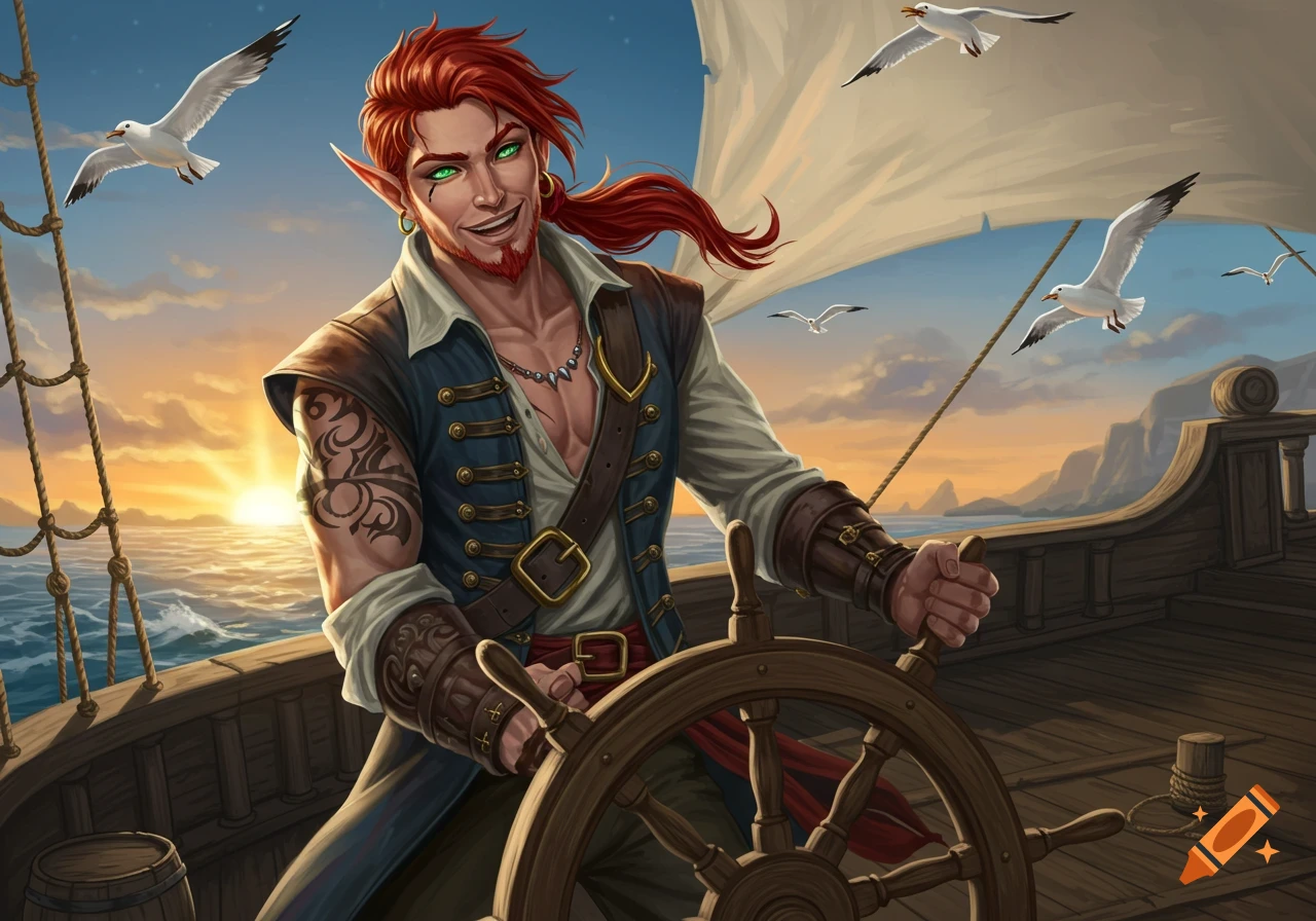 A red-haired male elf pirate with a goatee smiles as he steers a ship's wheel at sunset, with seagulls flying overhead. Digital painting.