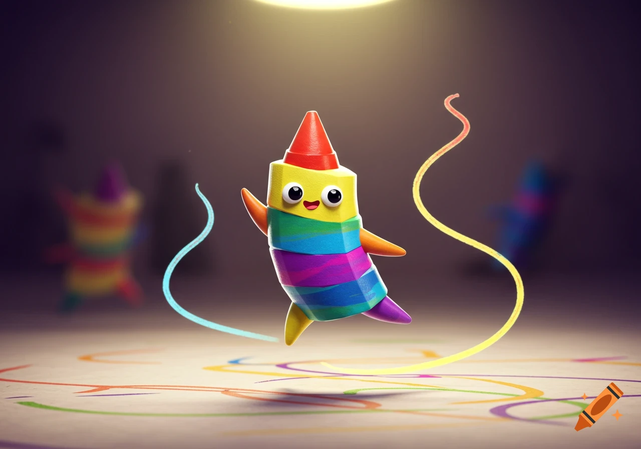 A vibrant, cute, cartoon crayon character with a party hat smiles, floating above a floor covered in colorful scribbles.