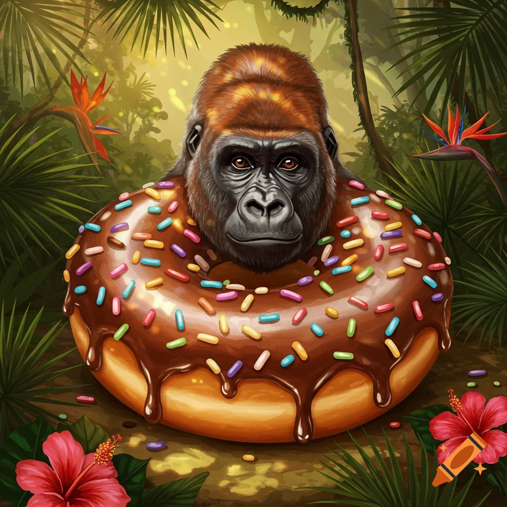 An illustrated gorilla head peers out from the center of a chocolate-frosted donut with colorful sprinkles, in a vibrant jungle.