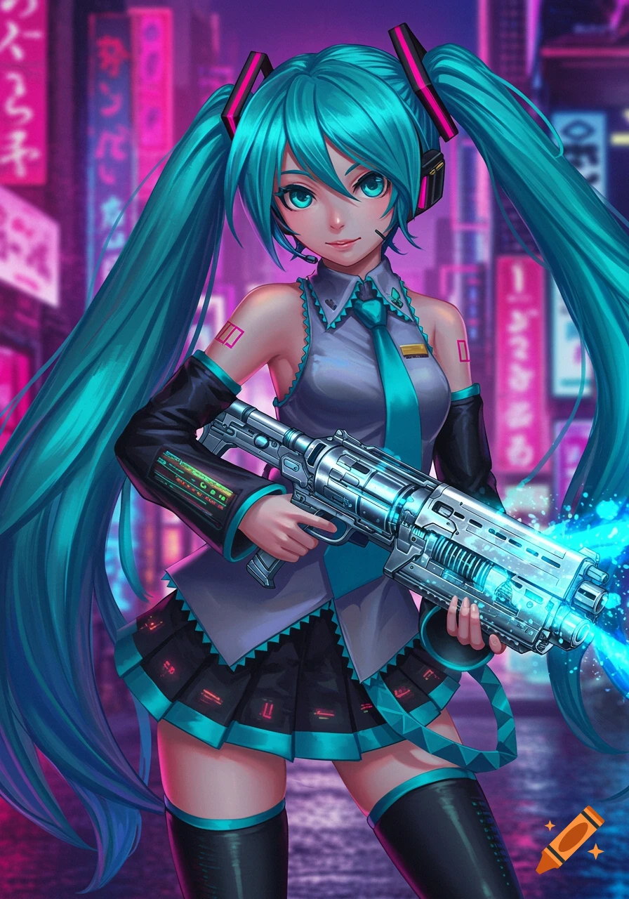 Hatsune Miku, an anime girl with long teal pigtails, holds a futuristic glowing gun in a neon cyberpunk city.