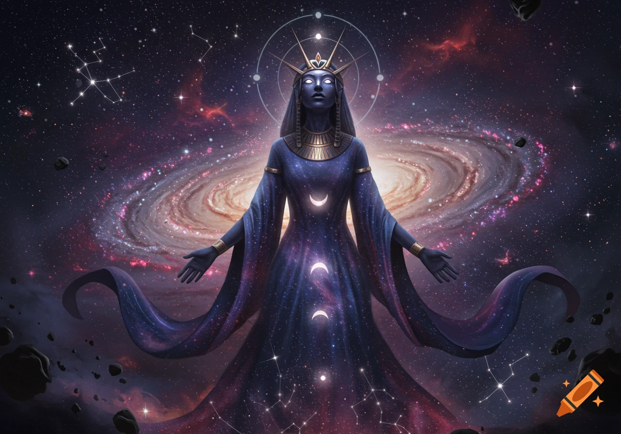 Mystical goddess-like figure in a cosmic void with a golden crown and star-filled blue robe, surrounded by galaxies and constellations.