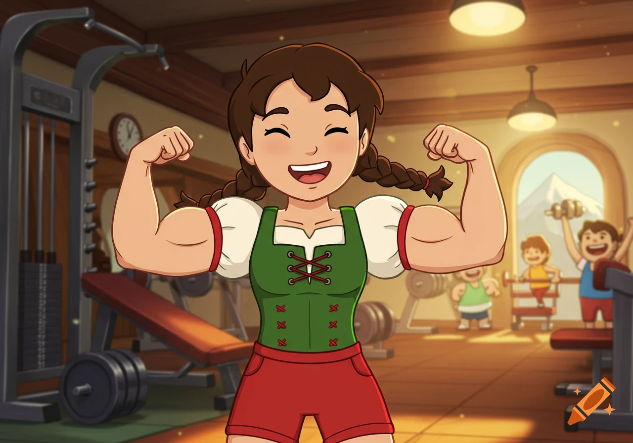 Smiling cartoon girl with pigtails in a dirndl-like outfit flexing her biceps in a gym.