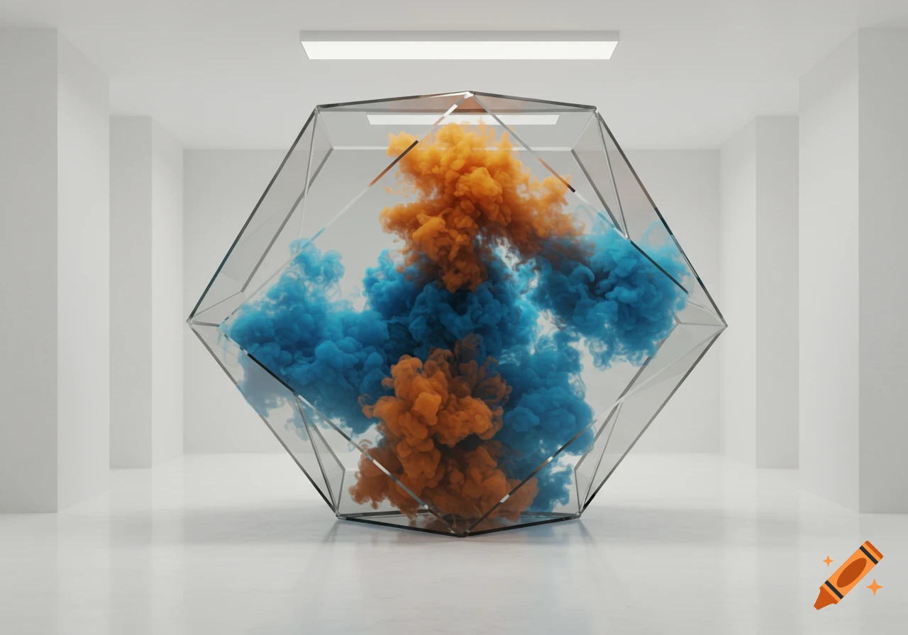 A geometric glass chamber filled with swirling blue and orange smoke sits in a minimalist white room.
