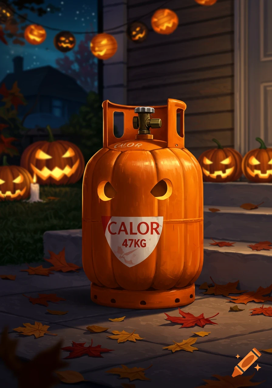 A Calor 47KG gas bottle carved like a jack-o'-lantern on a porch, surrounded by lit pumpkins and autumn leaves at night.