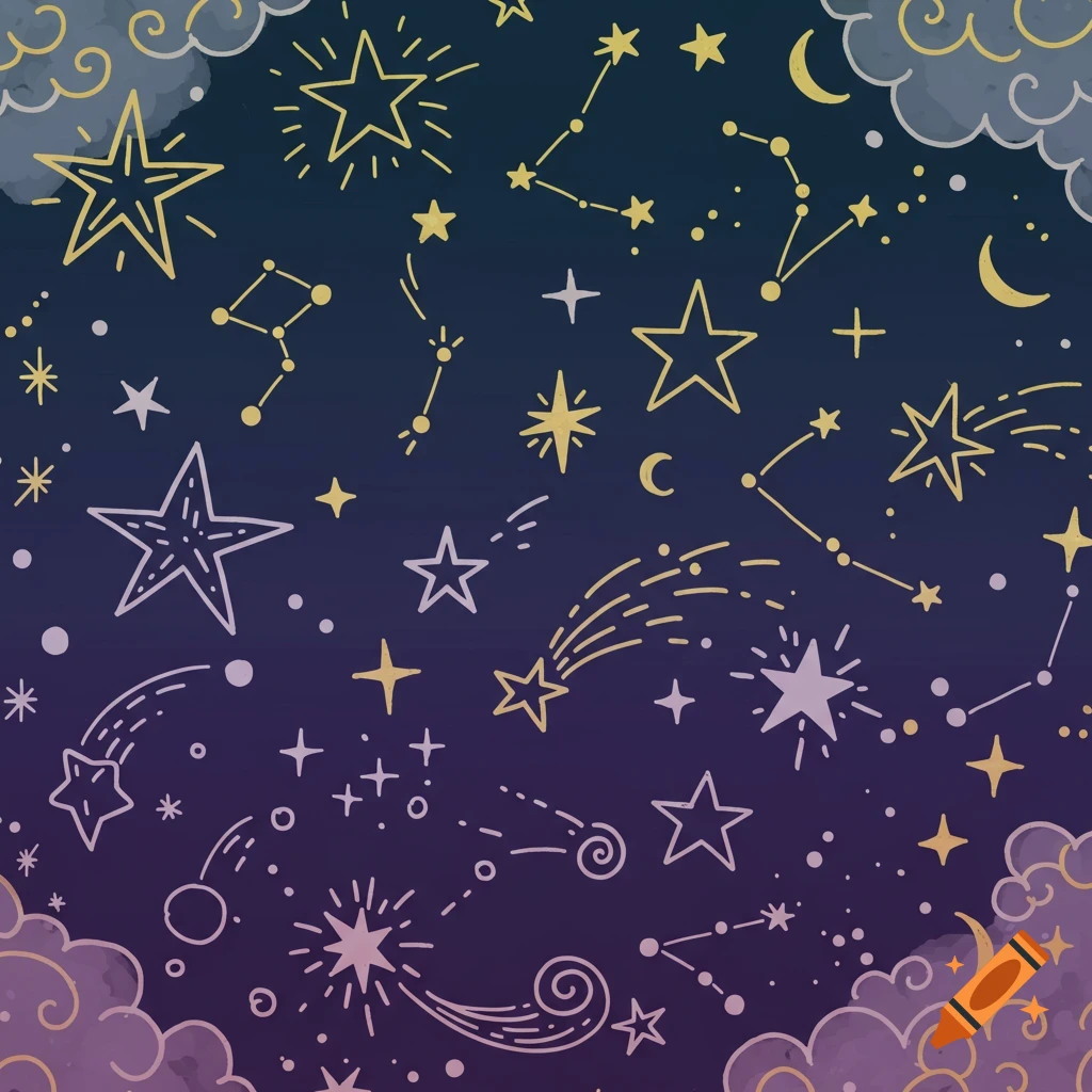 A whimsical doodle illustration of a starry night sky with hand-drawn stars, constellations, crescent moons, and clouds.