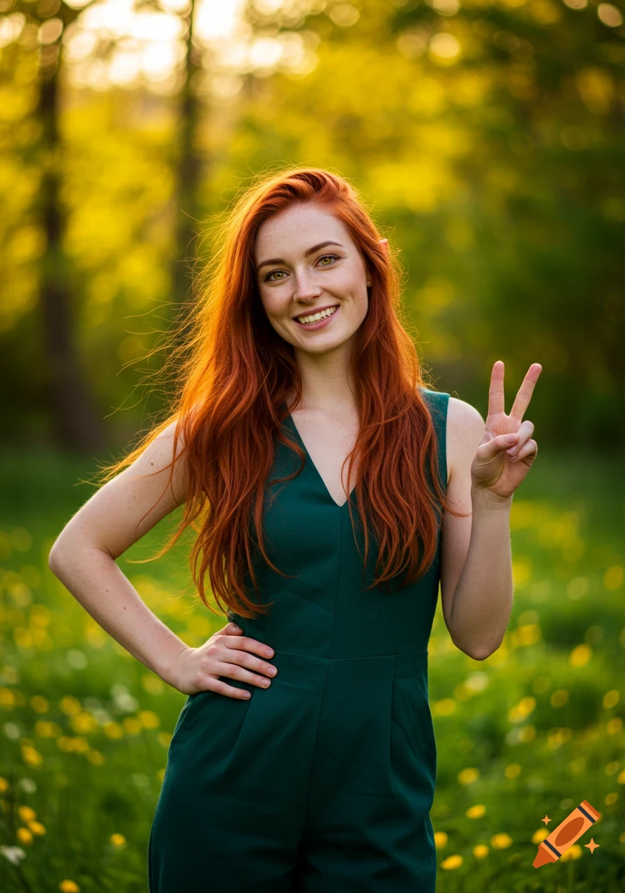 A smiling young woman with long red hair and pointed ears makes a peace sign in a sunny, green field.