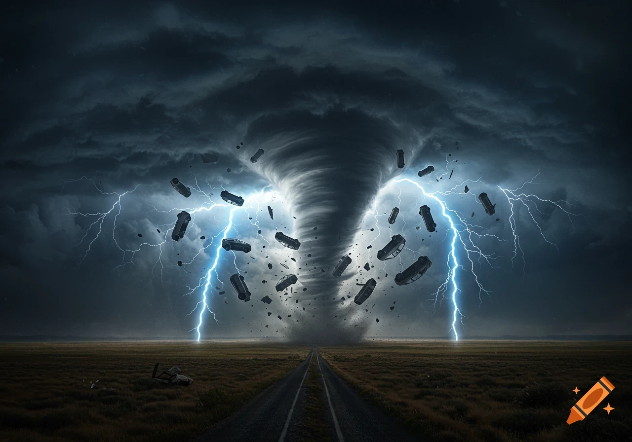 A powerful tornado rips through a rural landscape under a dark sky, with lightning striking and cars being tossed into the air. A road leads towards the storm.