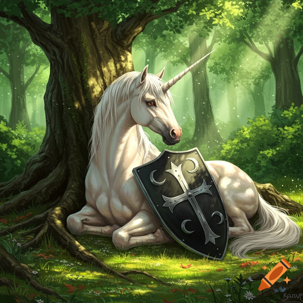 A white unicorn rests by a large tree in a sunlit forest, leaning on a black shield with a silver cross and crescents.