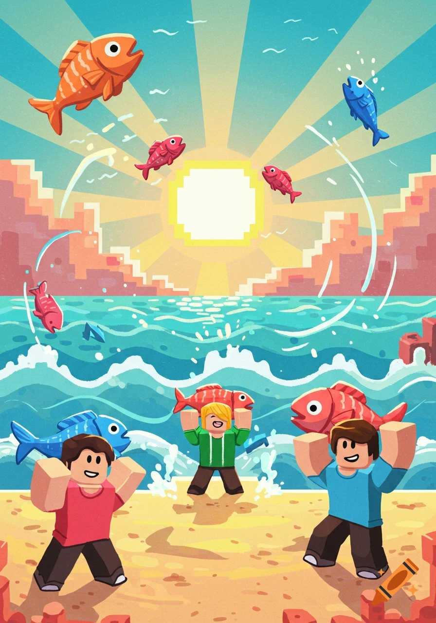 Two Roblox-style characters on a pixelated beach throw fish into a blocky ocean under a bright, pixelated sun, in a retro cartoon style.