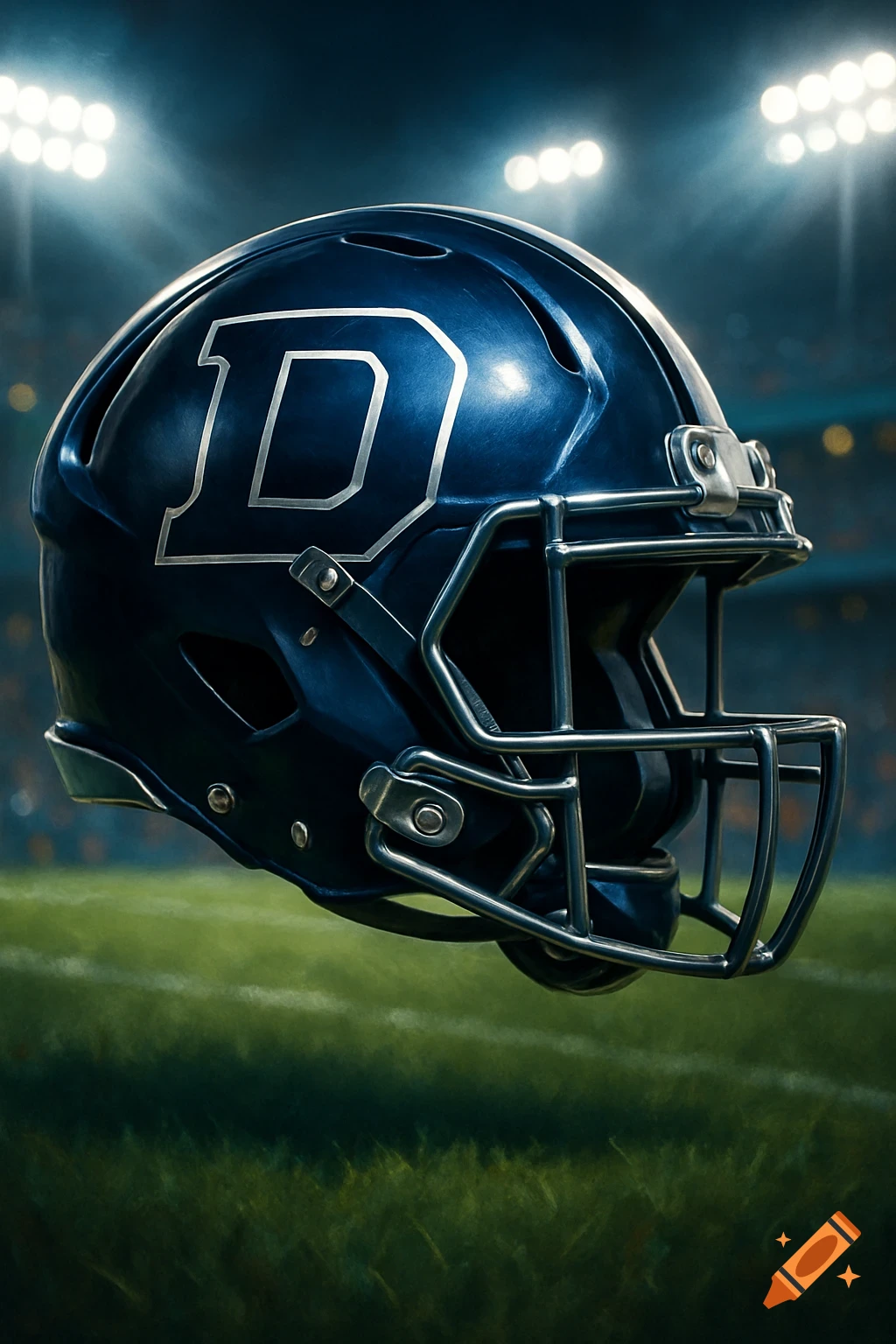 A blue football helmet with a silver 'D' logo on its side sits on a grassy field under bright stadium lights, photorealistic.