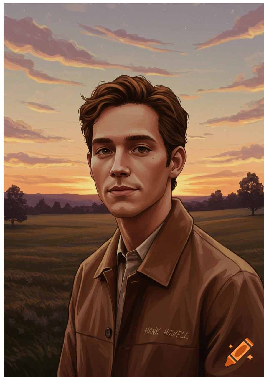 Digital painting of a young man, Hank Howell, in a brown jacket, standing in a field at sunset.