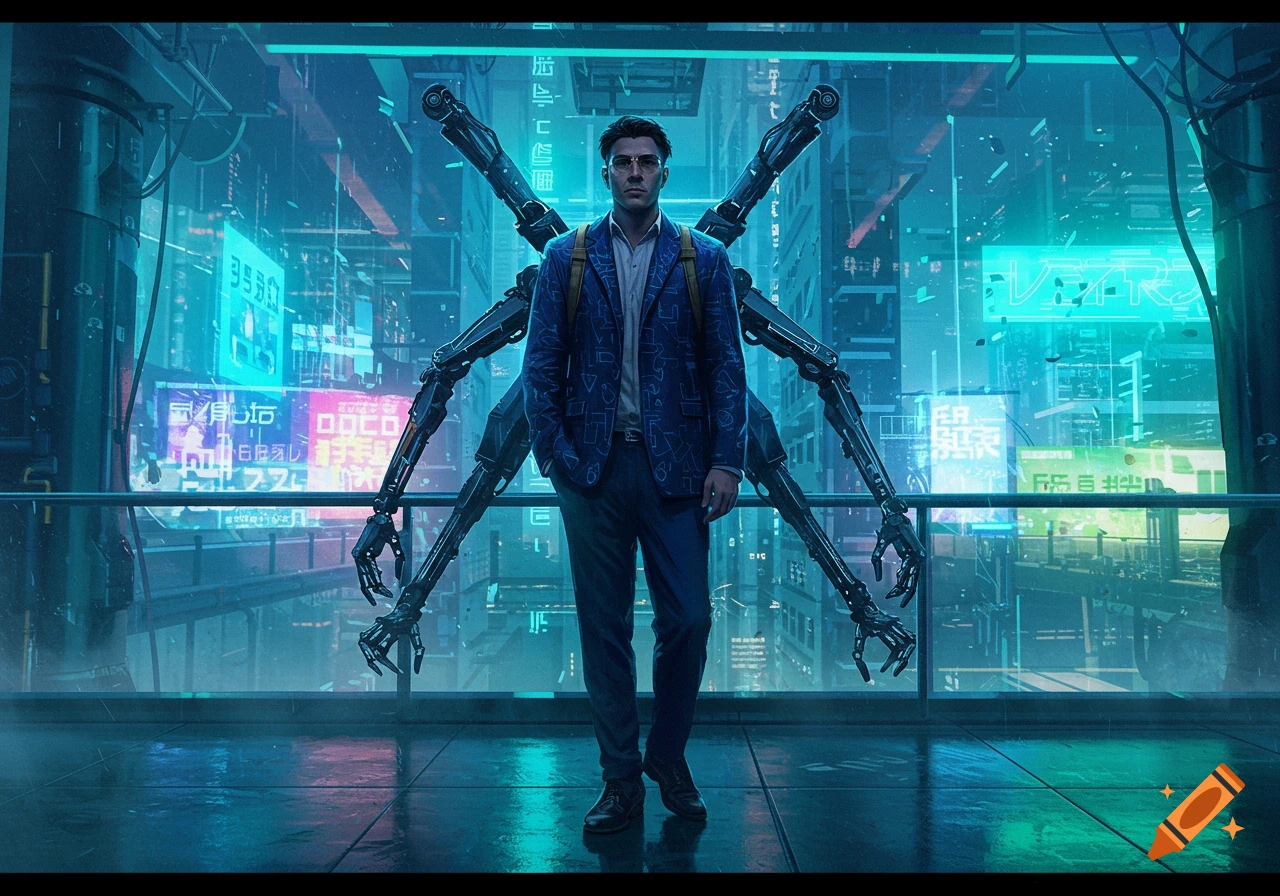 A man with two large robotic arms attached to his back stands in a neon-lit cyberpunk city.