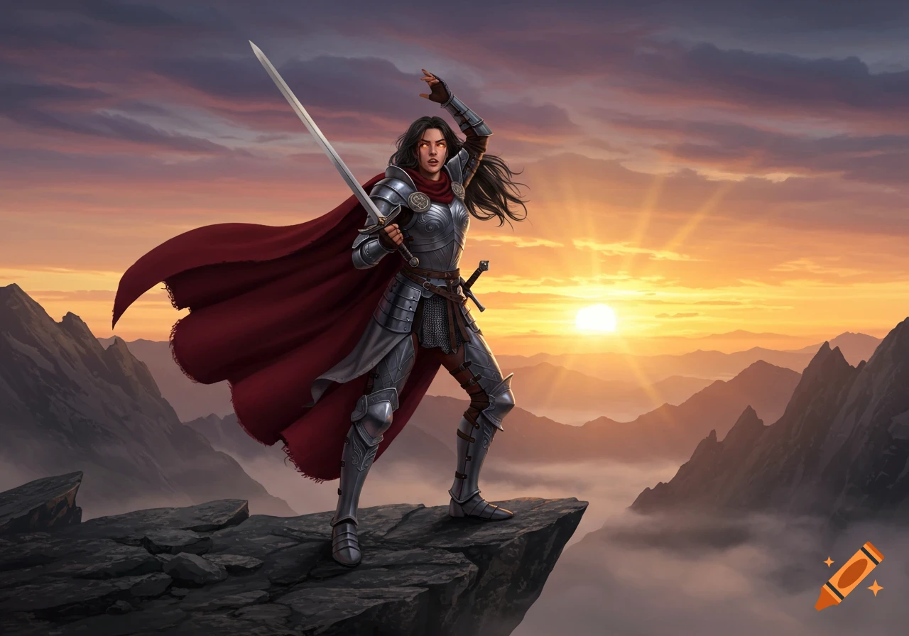 A female warrior in plate armor and a red cape stands on a rocky cliff with her sword, overlooking a mountain range at sunset.