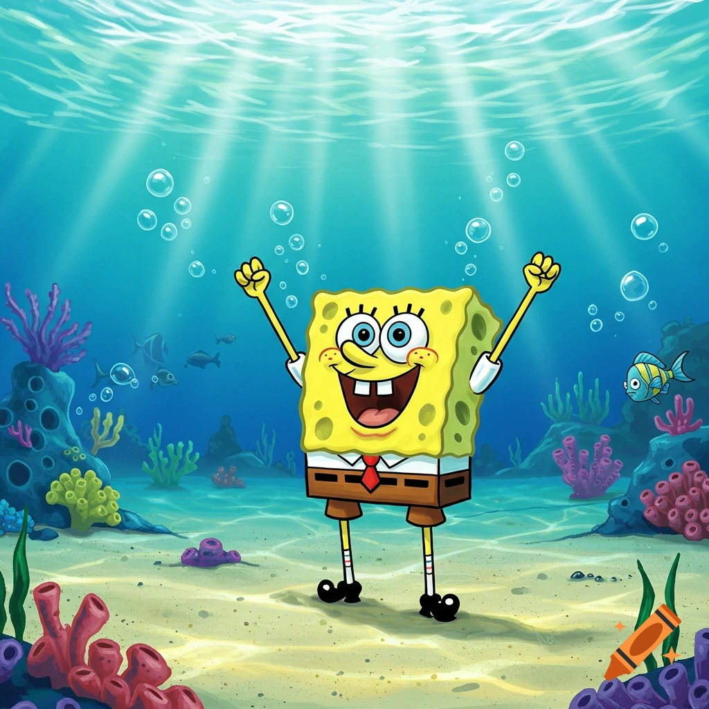 A vibrant cartoon illustration of Spongebob Squarepants with arms raised in an underwater scene, surrounded by corals, fish, and light rays.