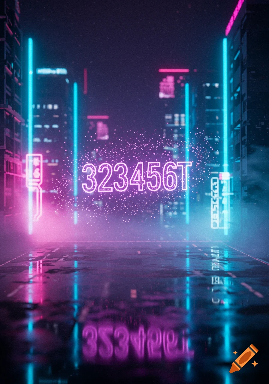 A cyberpunk cityscape at night with glowing neon buildings and the numbers "323456T" floating above a wet, reflective street, illuminated by pink and blue neon lights.