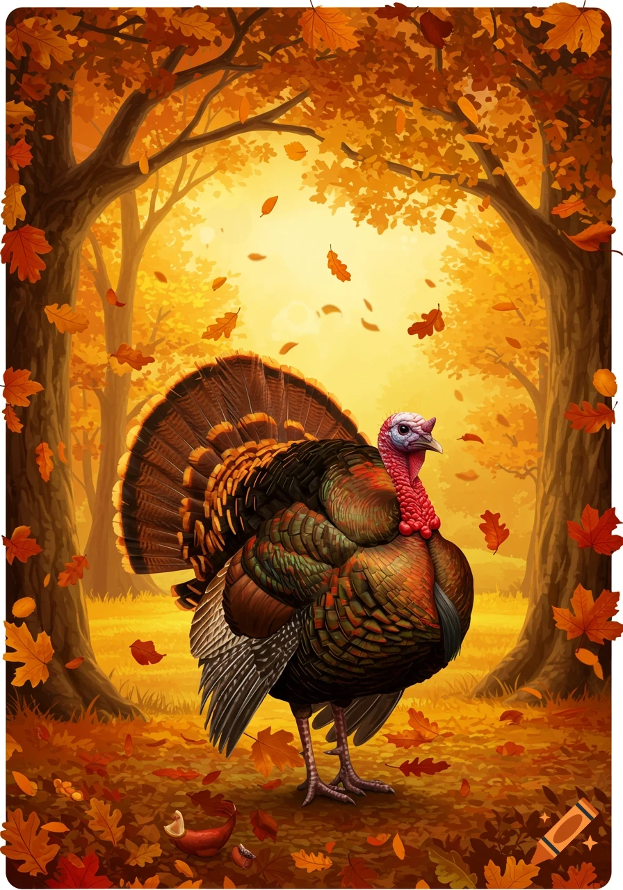A vibrant illustration of a turkey standing in an autumn forest with colorful falling leaves.