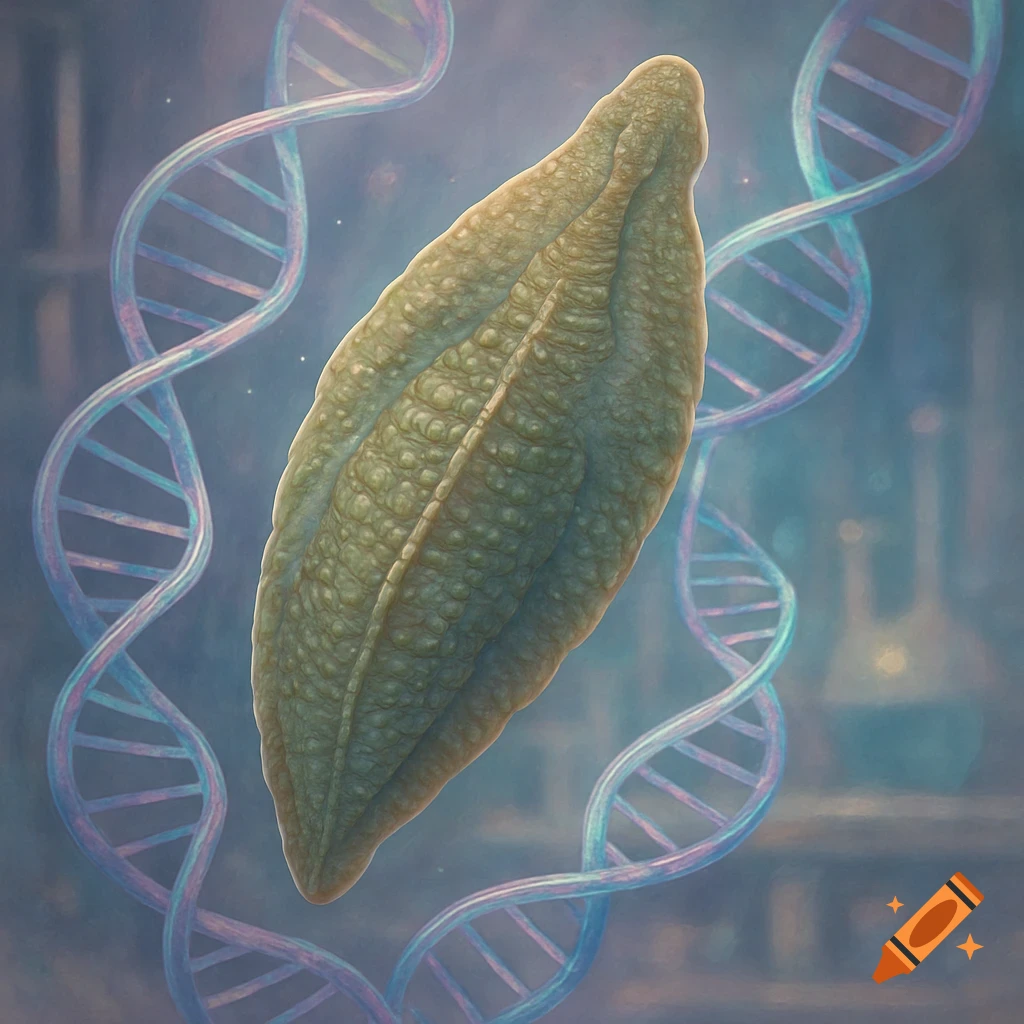 Detailed illustration of a green, leaf-shaped organism (fluke) with glowing DNA helixes in a scientific setting.
