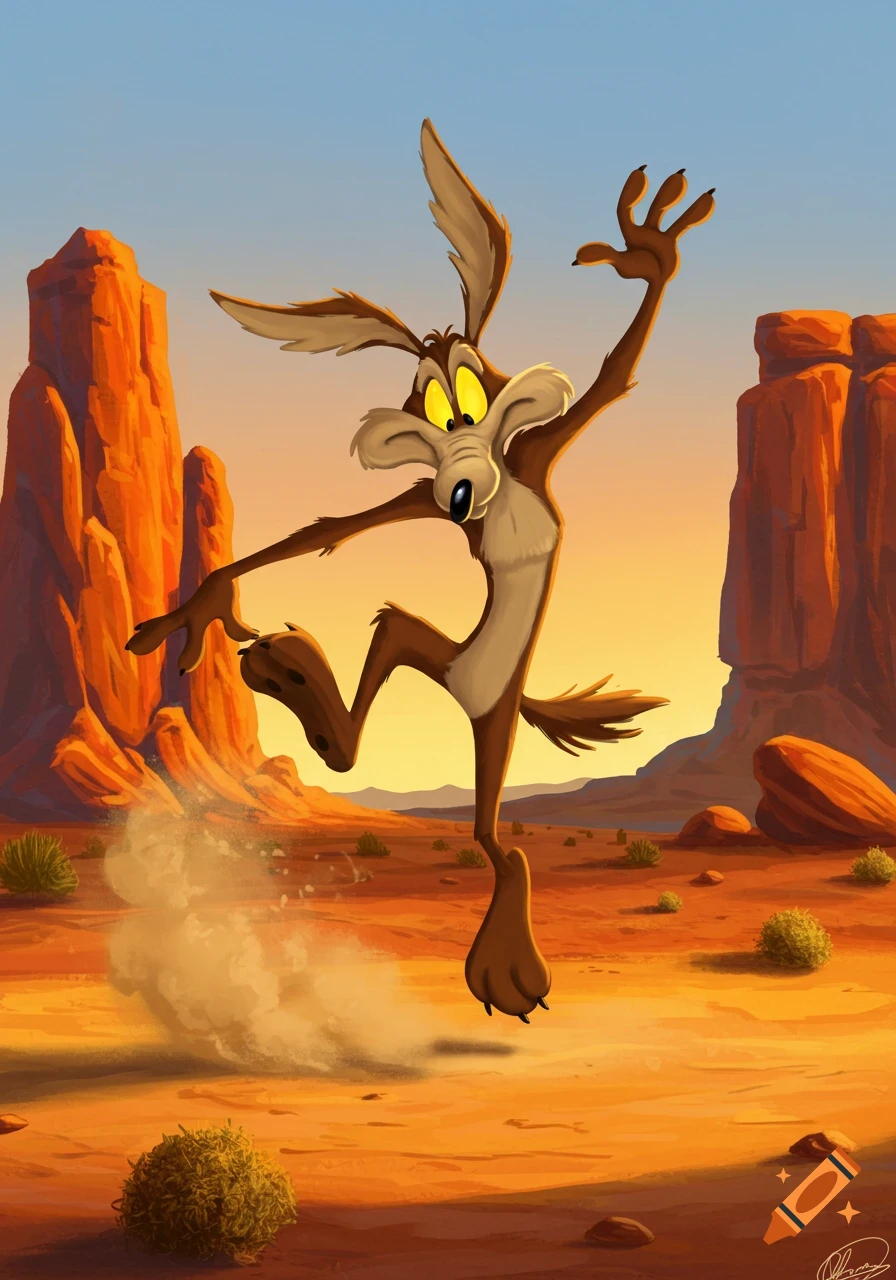 Wile E. Coyote dances, kicking up dust in a bright, colorful cartoon desert with rock formations.