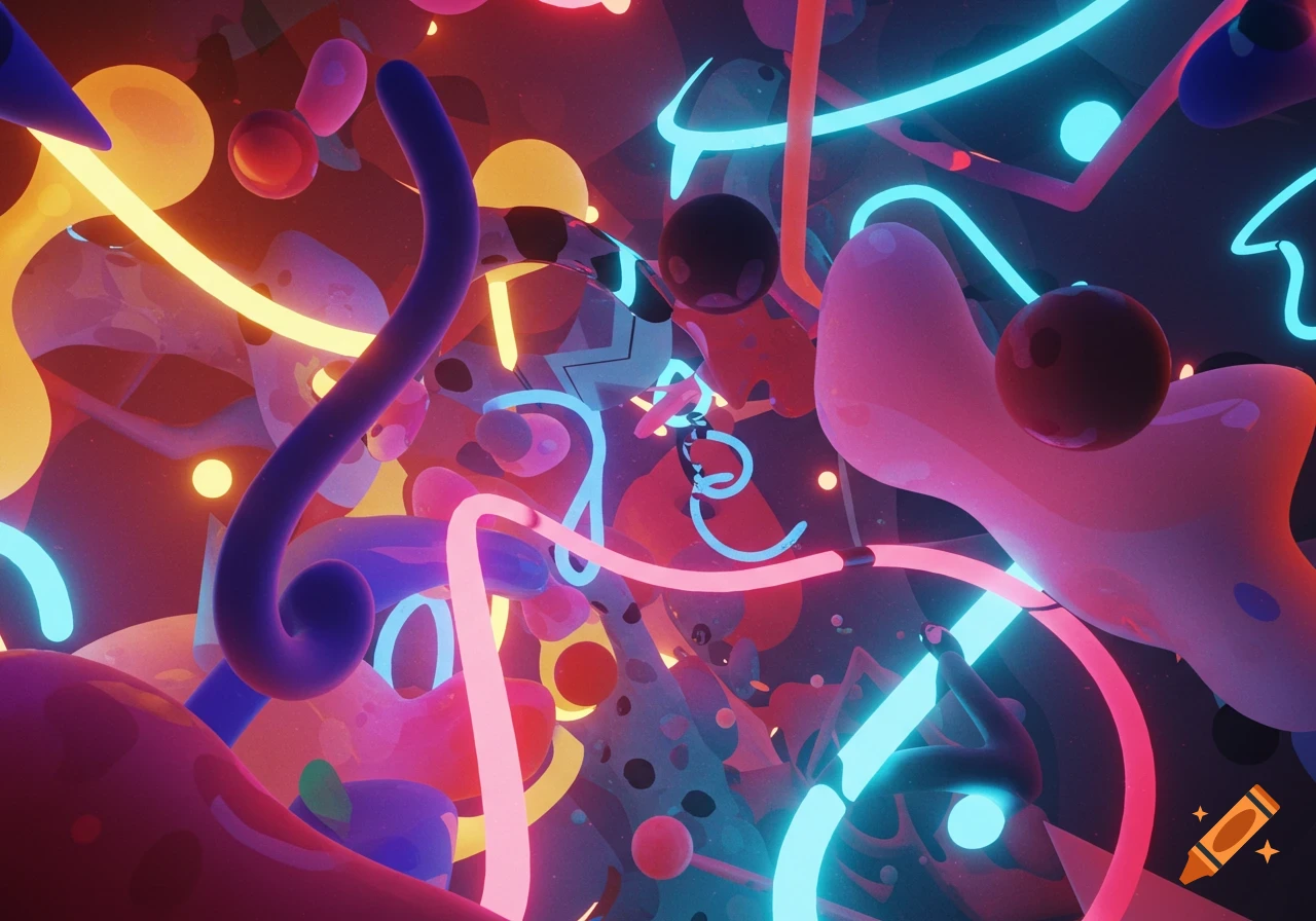 Vibrant abstract digital art with glowing neon tubes and organic shapes in pink, blue, yellow, and purple.