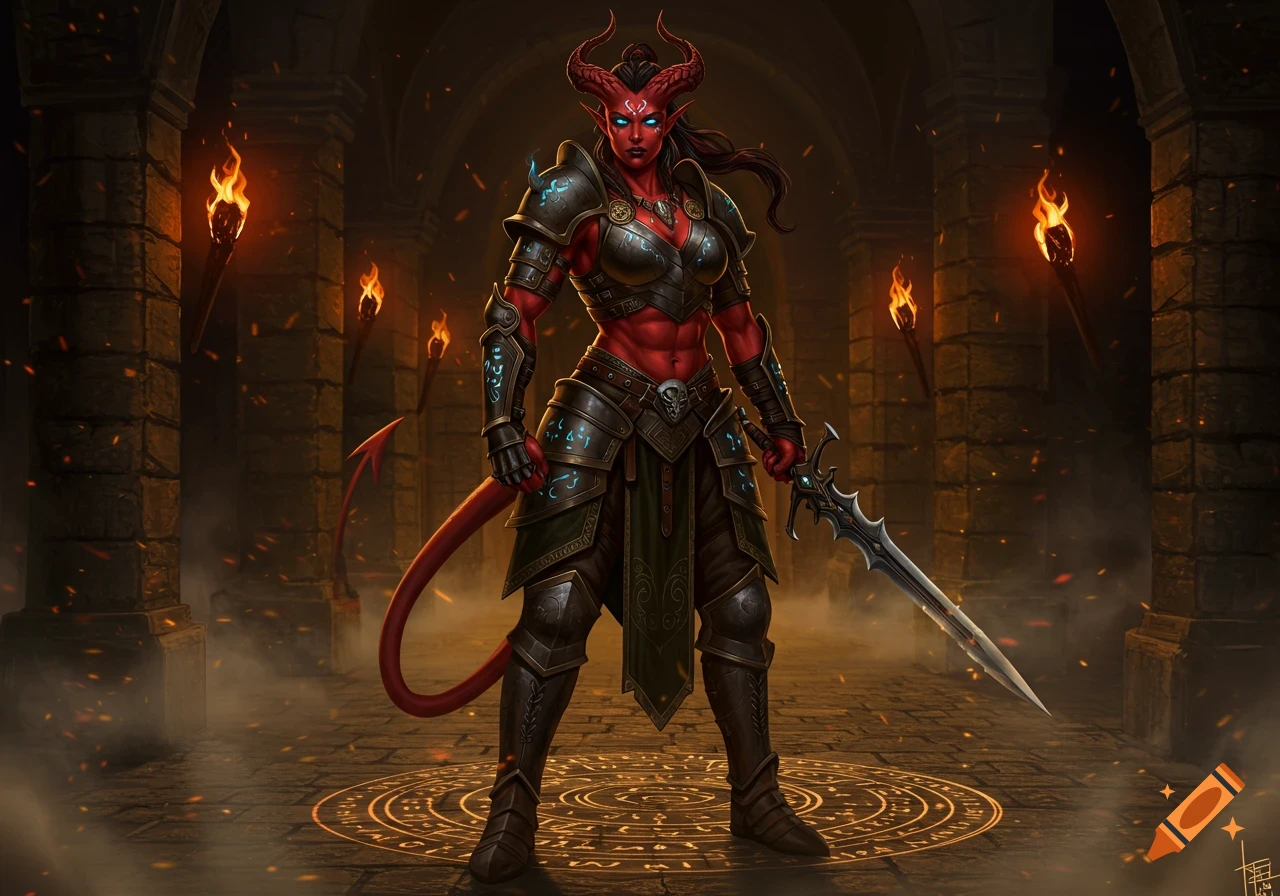 A muscular red-skinned tiefling woman with horns and a tail stands in a dark, torch-lit dungeon, holding a jagged sword. A glowing runic circle is on the floor beneath her.