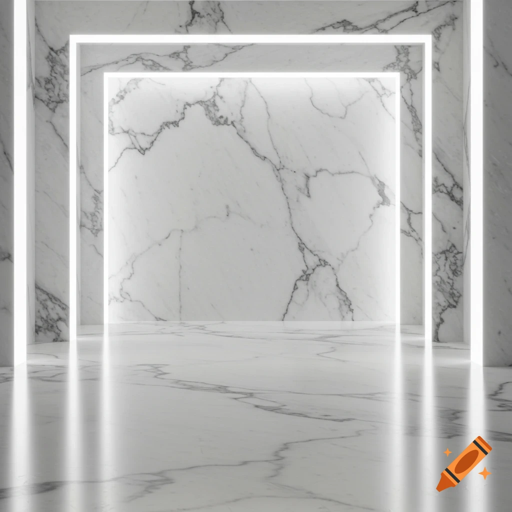 A minimalist room made entirely of white marble with glowing white rectangular light strips and reflections on the floor.