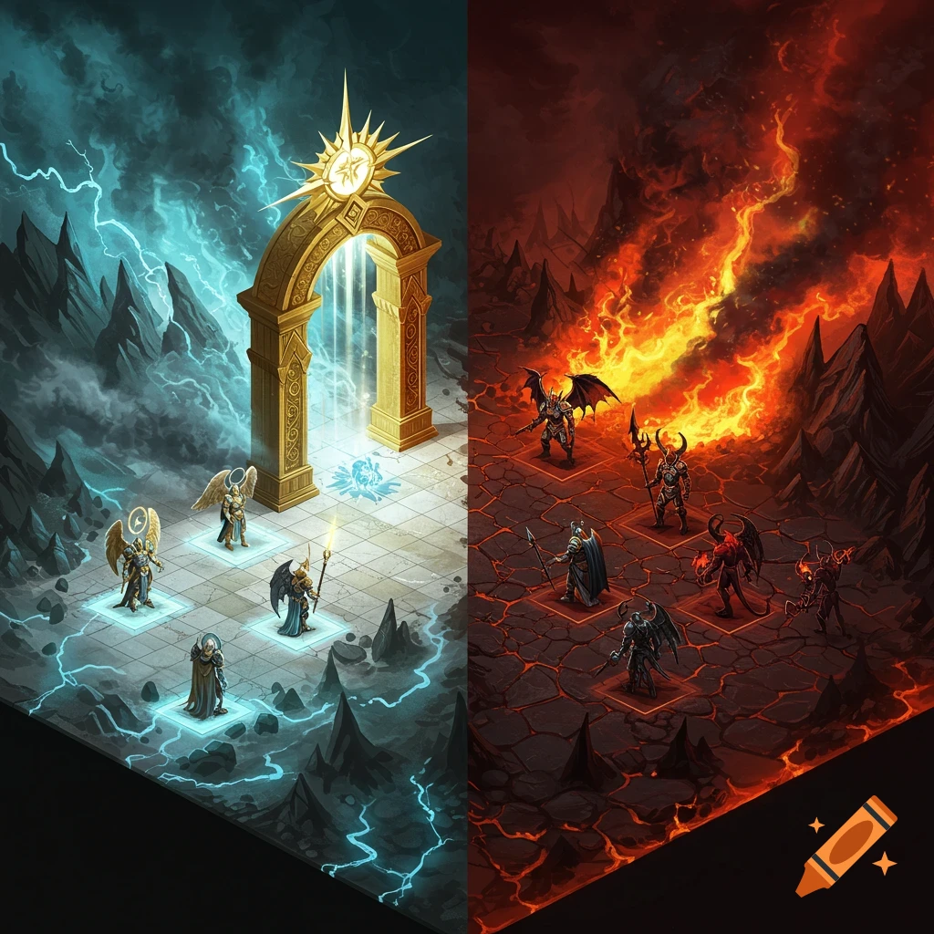 Isometric fantasy battlemap depicting a bright heavenly realm with angels and a fiery hellscape with demons, divided by a golden arch.