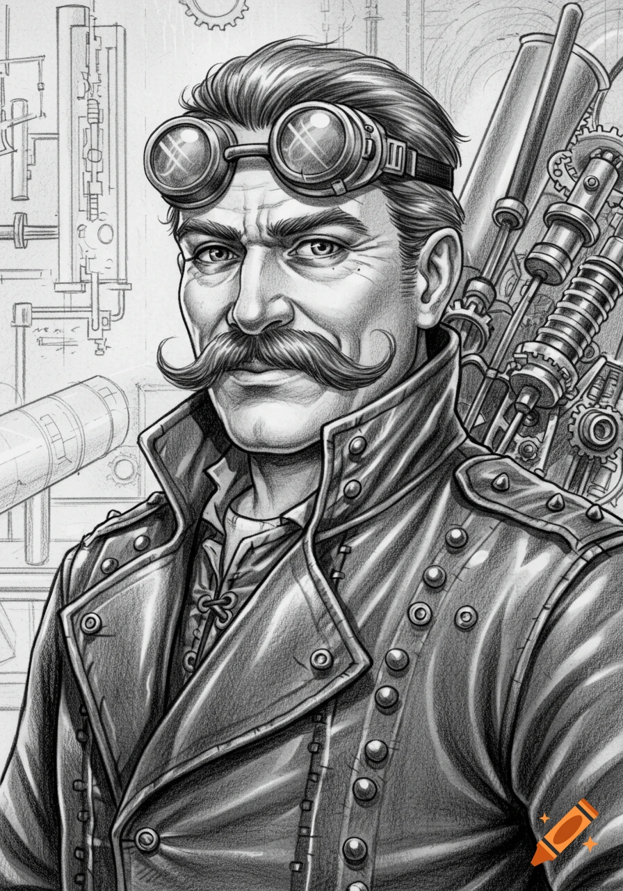 Pencil sketch of a steampunk inventor with goggles, a mustache, and a leather jacket, against a backdrop of gears and machinery.