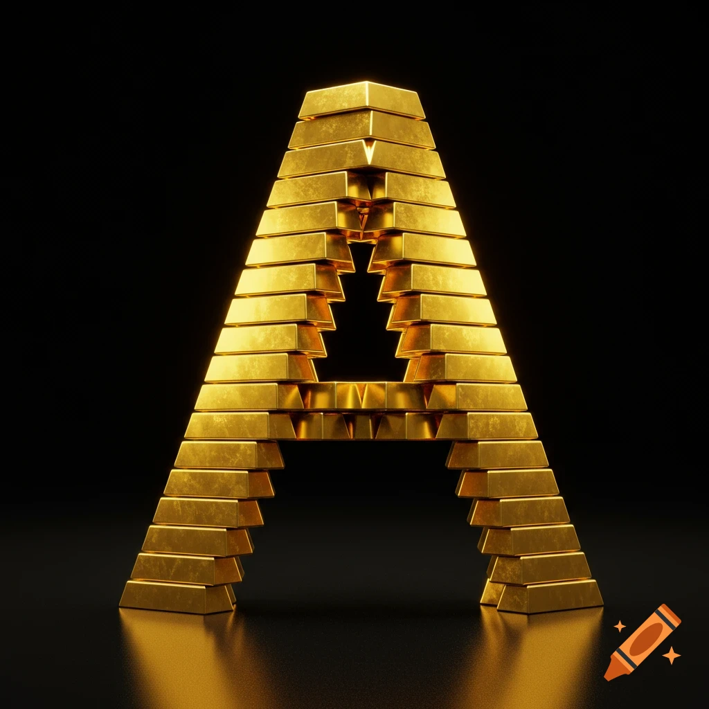 3D render of a stylized letter A made from stacked shiny gold bars, on a dark reflective surface.
