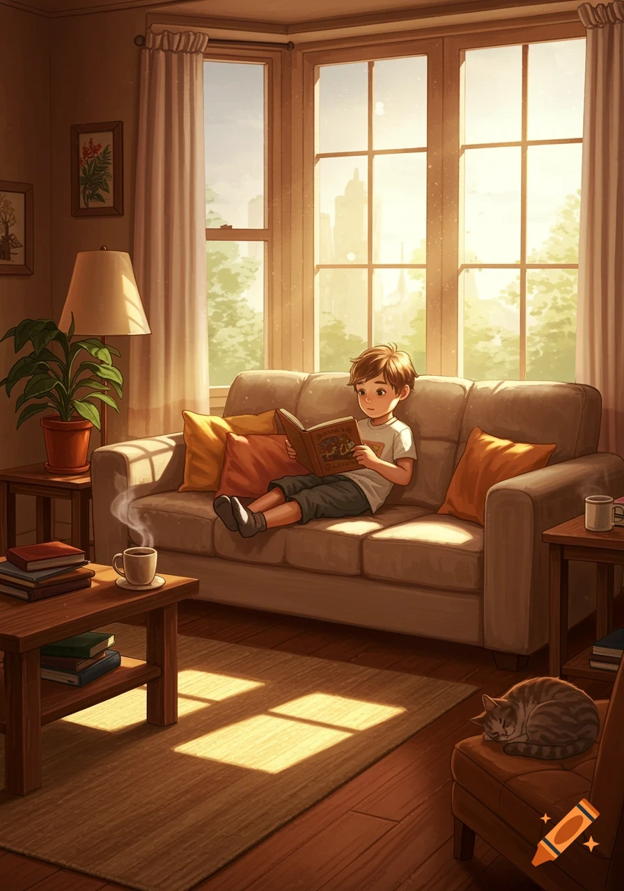A boy reads a book on a couch in a cozy, sunlit living room with a sleeping cat, plant, coffee, and books in an anime-illustration style.