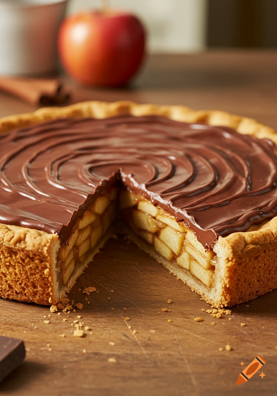 Close-up of a sliced apple pie with swirled chocolate frosting on a wooden table. A red apple is in the blurred background. Photorealistic.