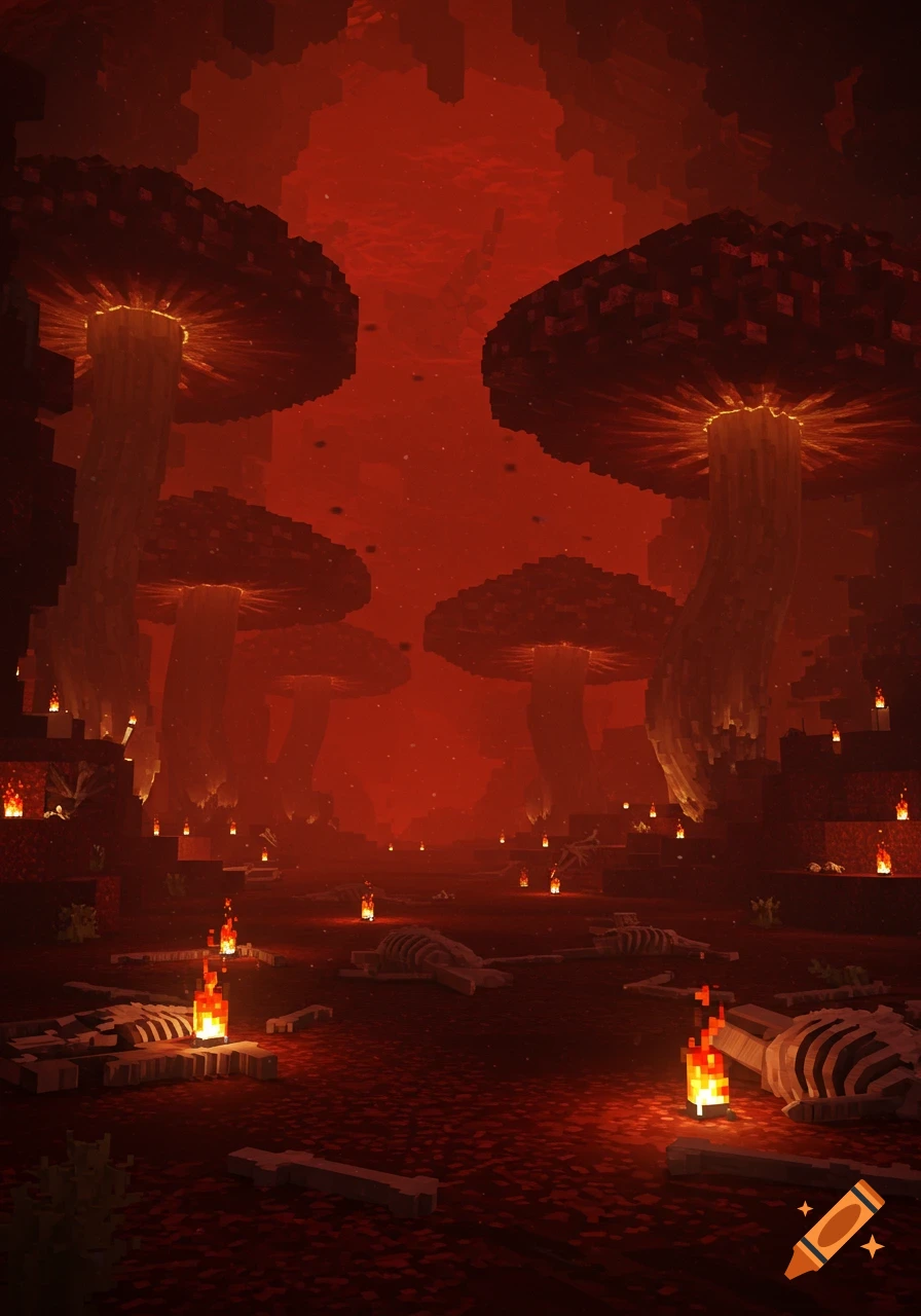 Voxel art of a dark, red-toned nether scene with giant mushrooms, glowing fires, and scattered bones on the ground.