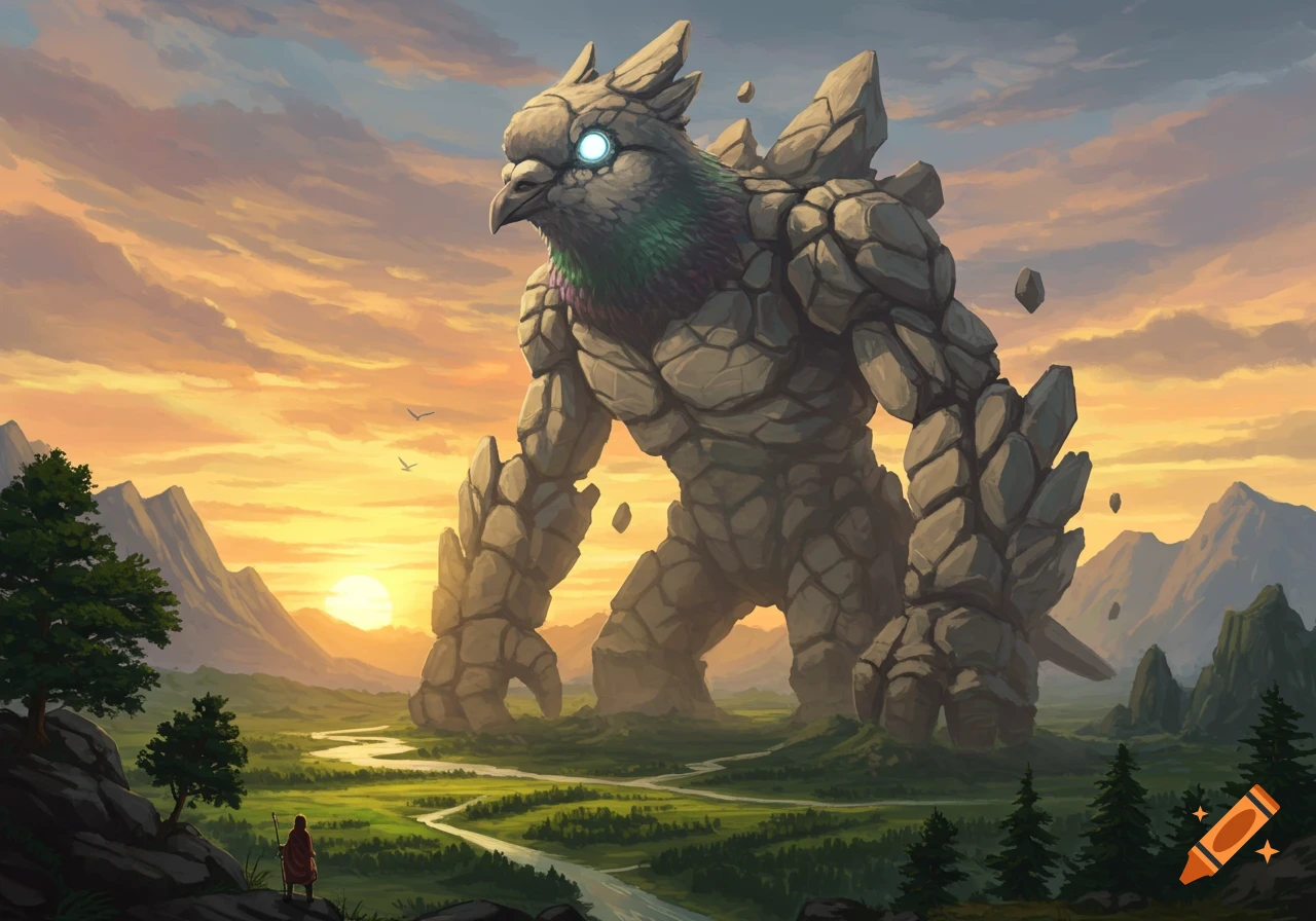 A towering rock pigeon monster stands in a lush valley with a river at sunset, a small person observes from a rocky outcrop.