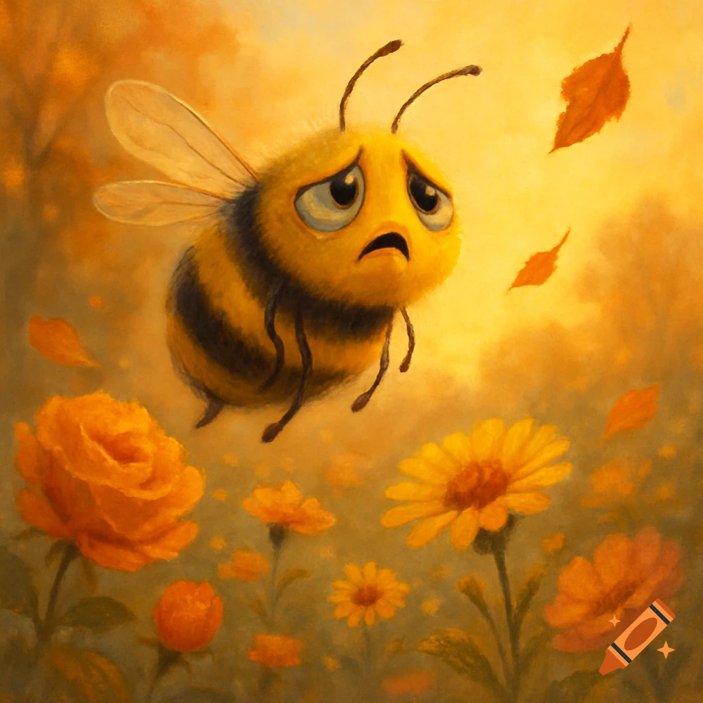 A sad, fluffy cartoon bee with tears in its eyes floats above orange flowers and falling autumn leaves in a warm, golden, painterly landscape.