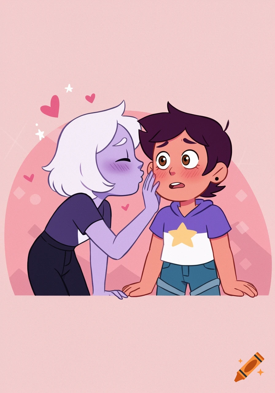 A cartoon character with light purple skin and white hair gently kisses the blushing cheek of another cartoon character with dark hair, against a pink background.