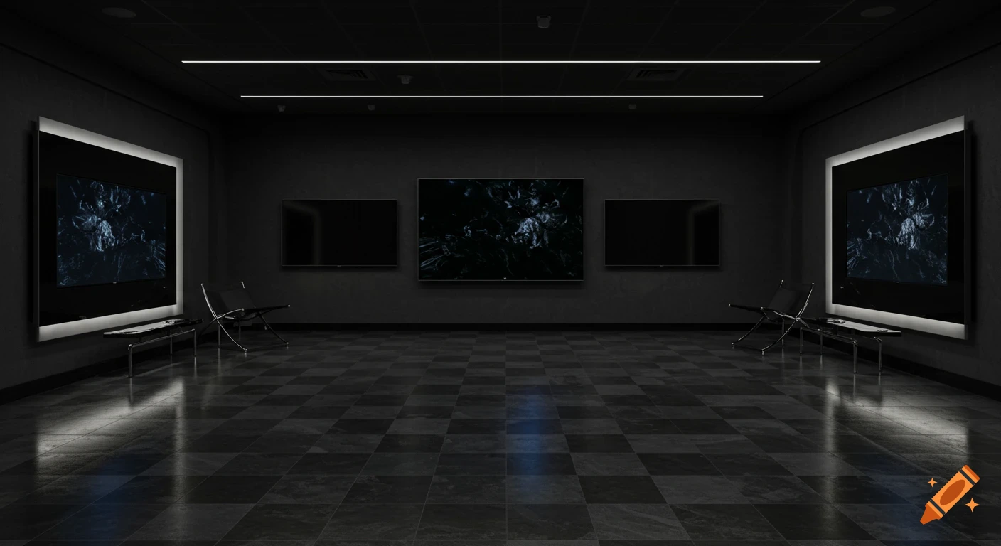Dark, modern showroom with a black and gray checkered floor, three large screens displaying abstract art, and minimalist seating.