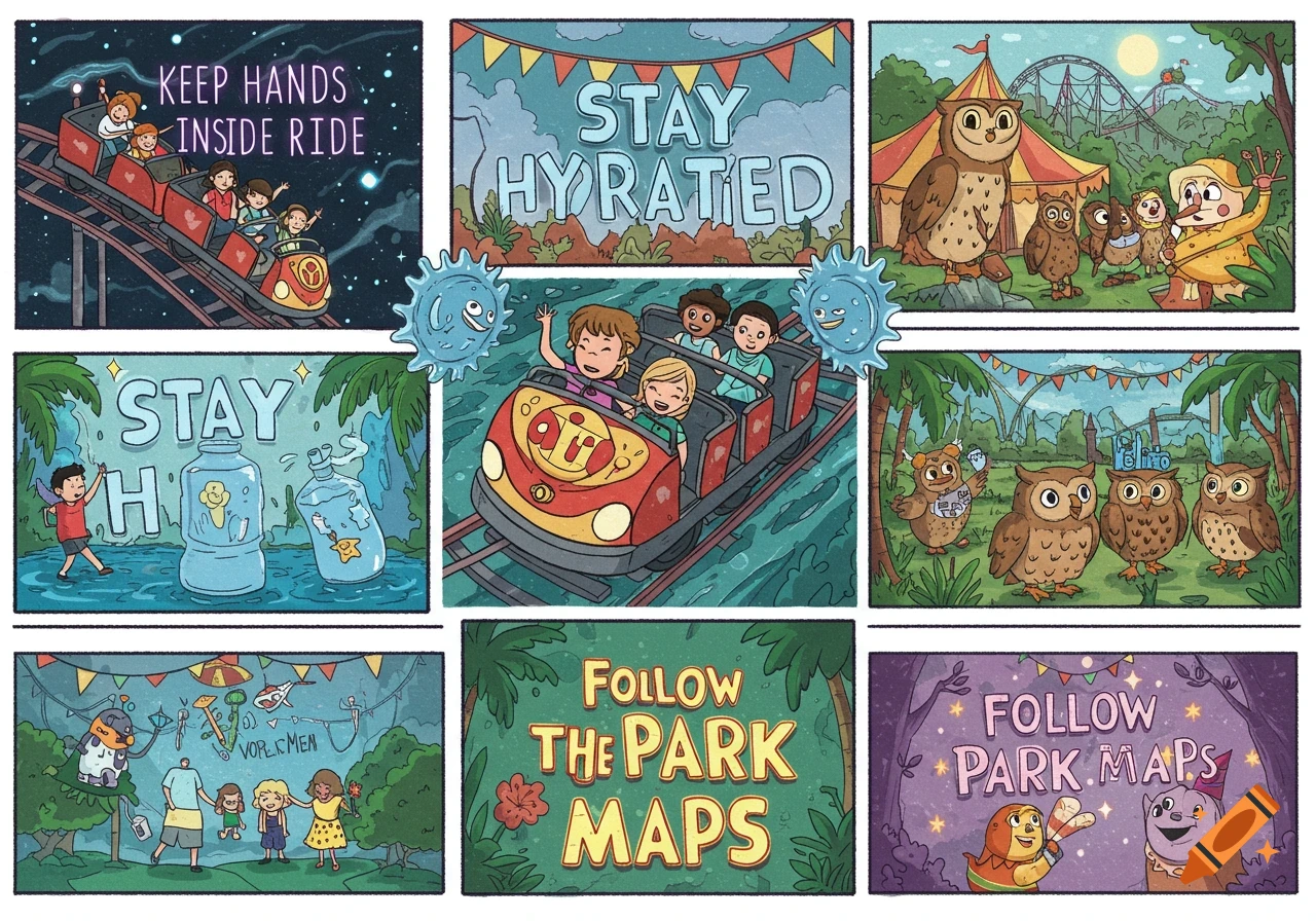 A colorful comic strip with nine panels illustrating amusement park safety rules with children, cartoon characters, and text. Panels show roller coasters, water bottles, and park maps.