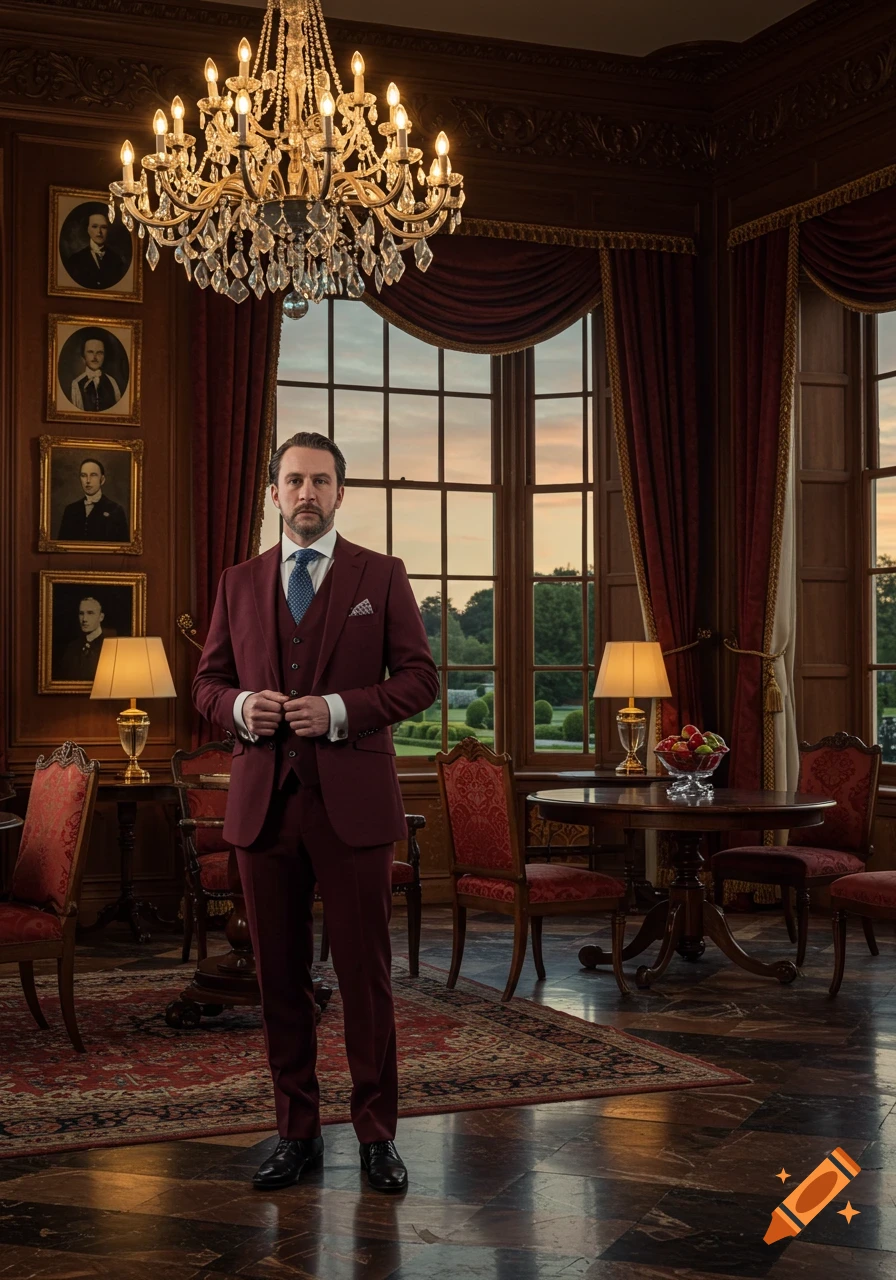 Photorealistic image of a man in a burgundy suit standing in a grand, ornate room with a chandelier and large windows.