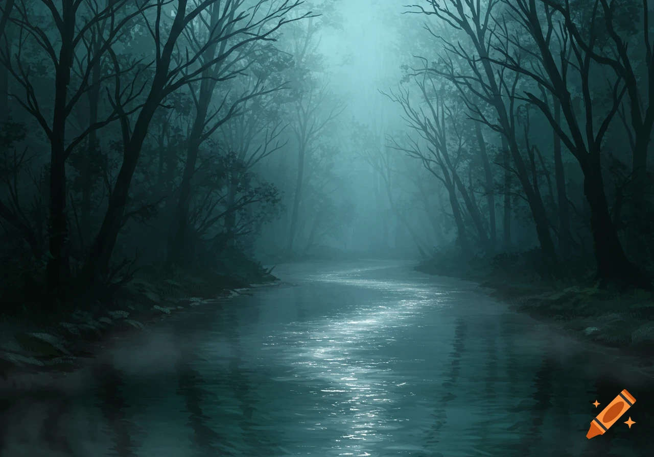 Eerie moonlight reflects on a winding river through a dark, foggy forest at night, digital art.