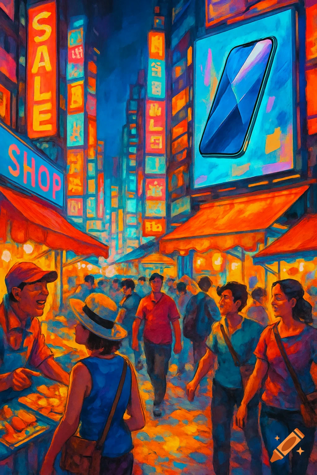 Vibrant, painterly night market scene with people shopping, bright neon signs like 'SALE' and 'SHOP', and a large billboard displaying a smartphone.