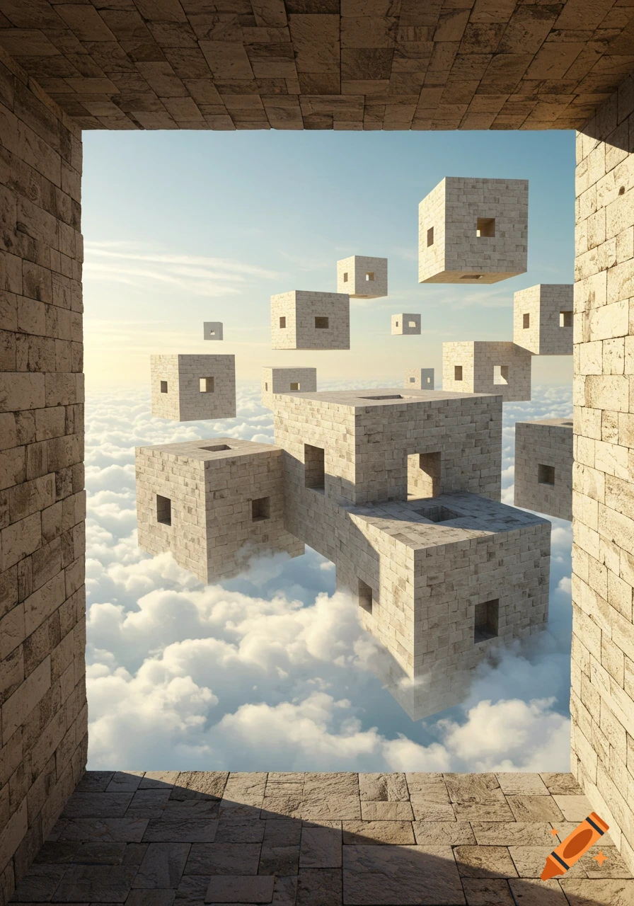 Surreal digital painting of a labyrinth of floating stone structures with windows, seen through a stone archway above white clouds.