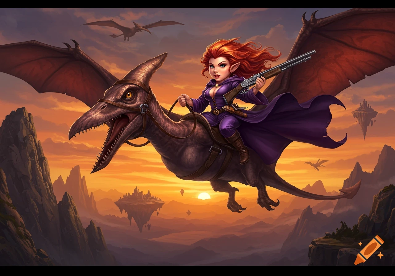 A red-haired gnome lady in a purple robe rides a pterodactyl, holding a shotgun, flying over mountains and floating islands at sunset in a vibrant fantasy art style.