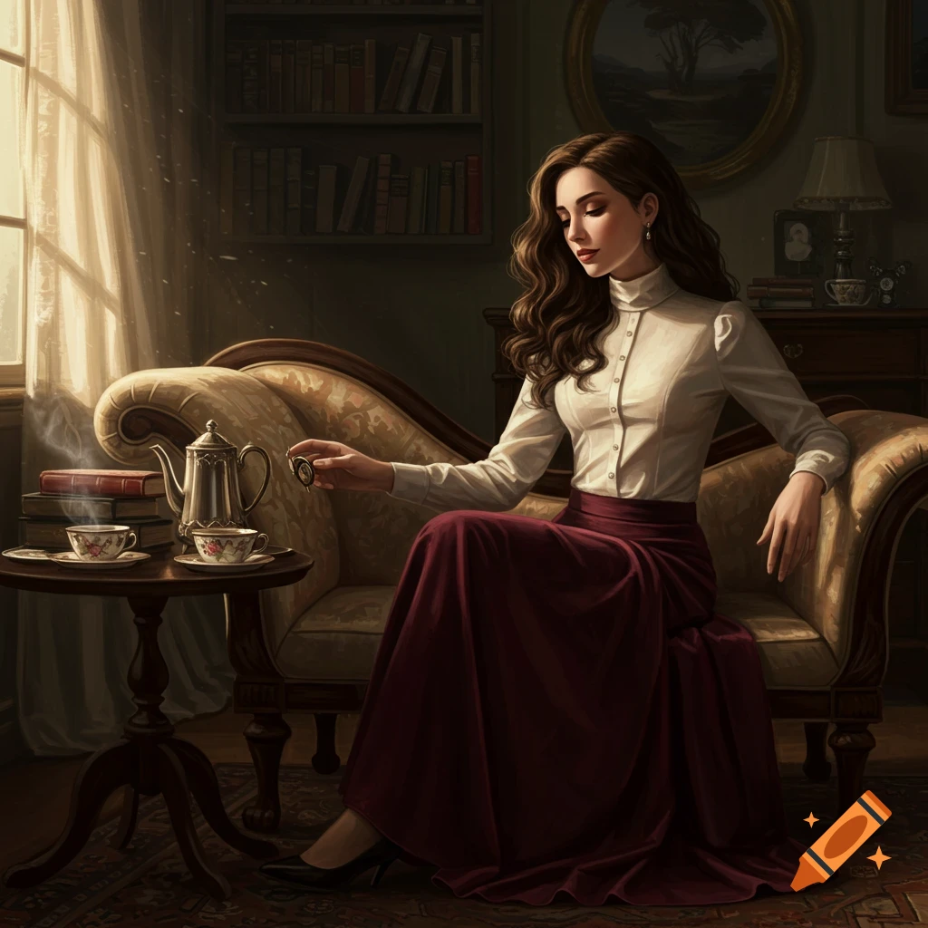 A long-haired woman in a white blouse and maroon skirt sits on a chaise lounge, holding a small locket. Tea and books are on a nearby table in a richly decorated room, lit by window light.