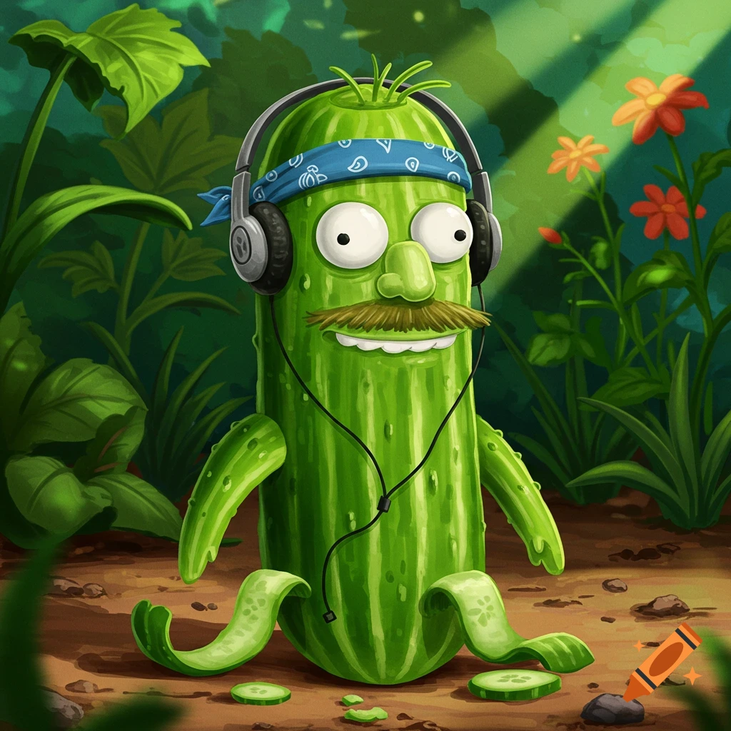 Cartoon cucumber character with a mustache, headphones, and bandana, sitting in a leafy garden with flowers.