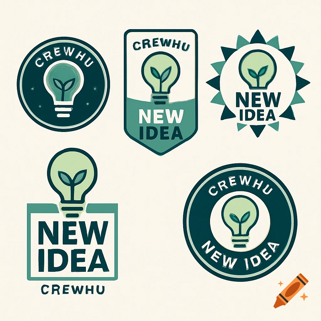 Five different green and dark teal logo designs featuring a lightbulb with leaves, some with the text 'CREWHU' and 'NEW IDEA'.