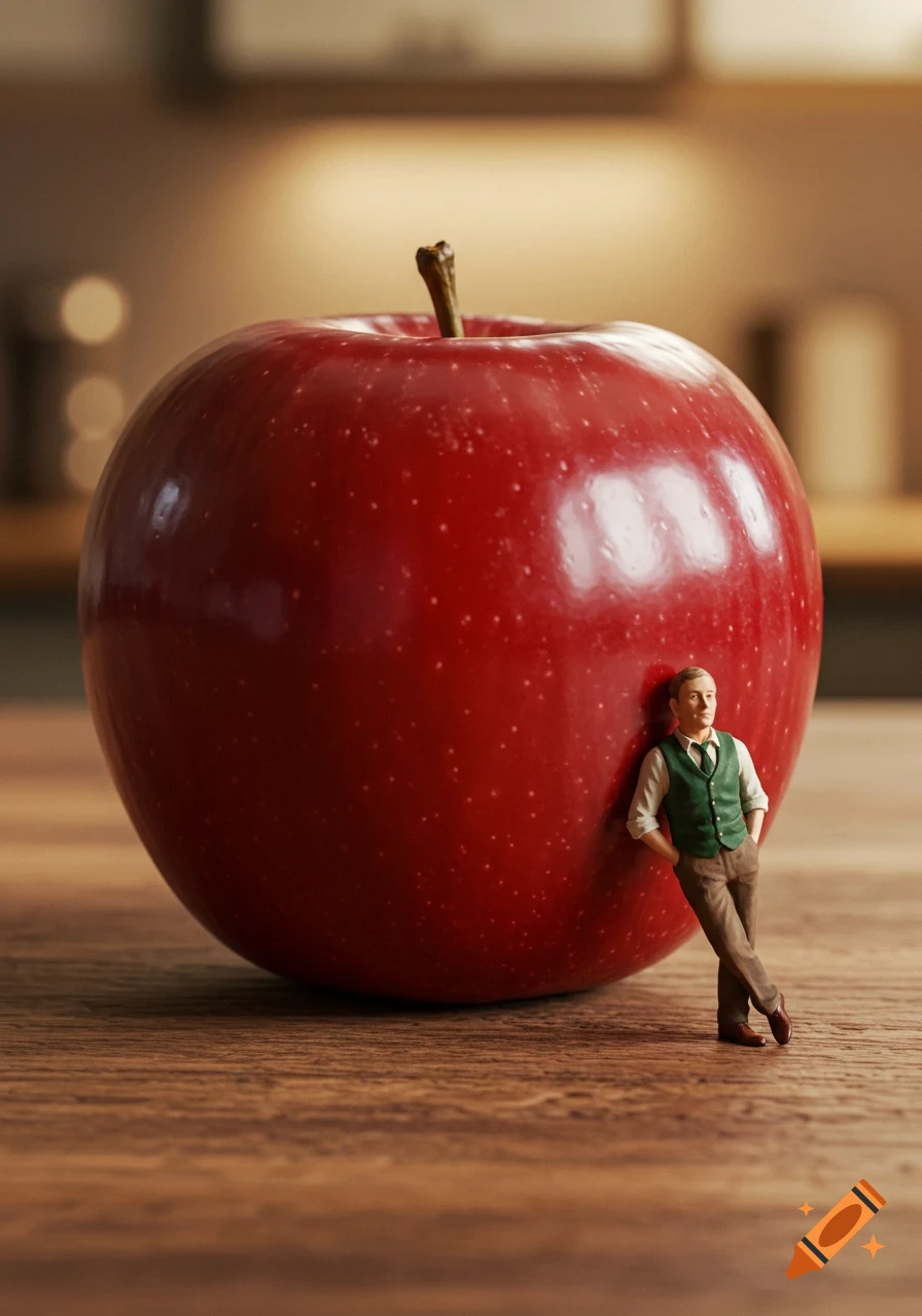 A miniature man in a green vest leans casually against a giant red apple on a wooden table, photorealistic.
