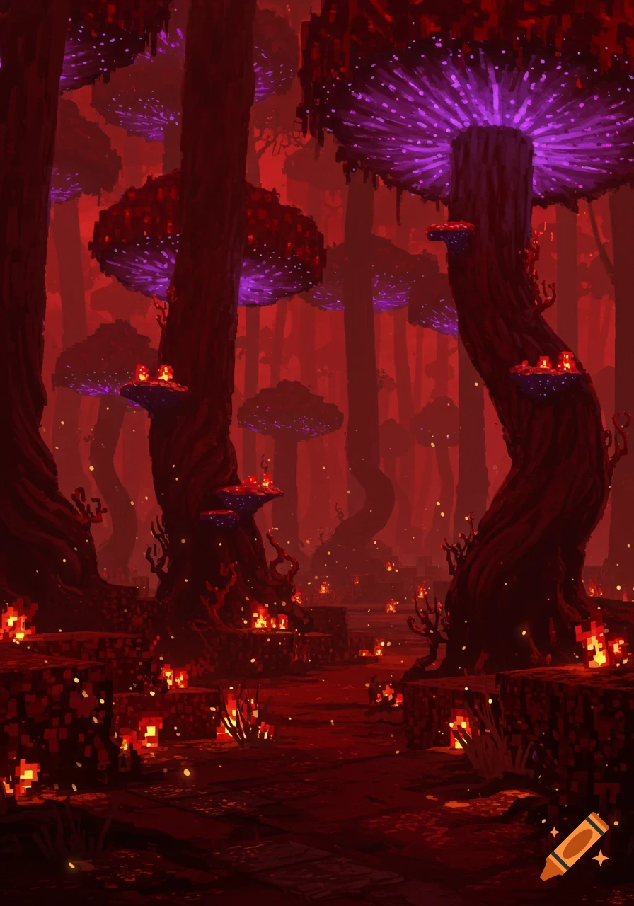A vibrant pixel art fantasy forest with dark red trees, glowing purple mushrooms, and fiery red ground plants, reminiscent of Minecraft's Nether.