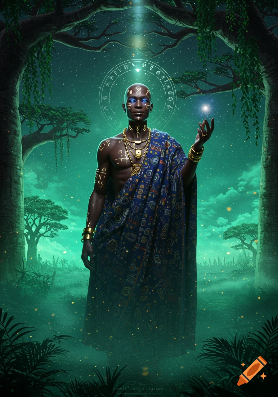 A majestic dark-skinned mystical figure with blue glowing eyes, adorned in gold jewelry and a blue patterned toga, stands in a vibrant emerald forest, holding a glowing orb.