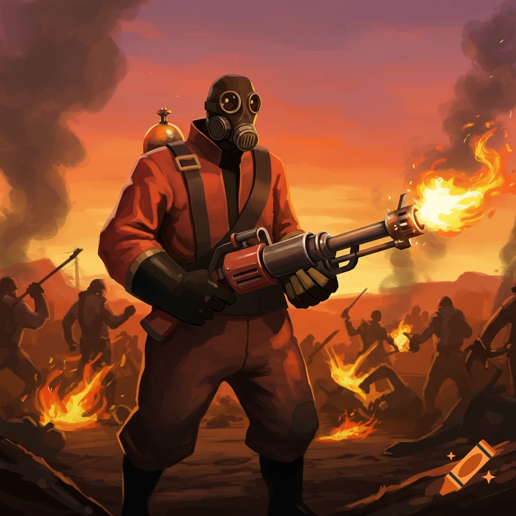 A stylized illustration of the TF2 Pyro character in a gas mask and red suit, wielding a flamethrower spewing fire. Other silhouetted figures are in the fiery, smoke-filled background under an orange sky.