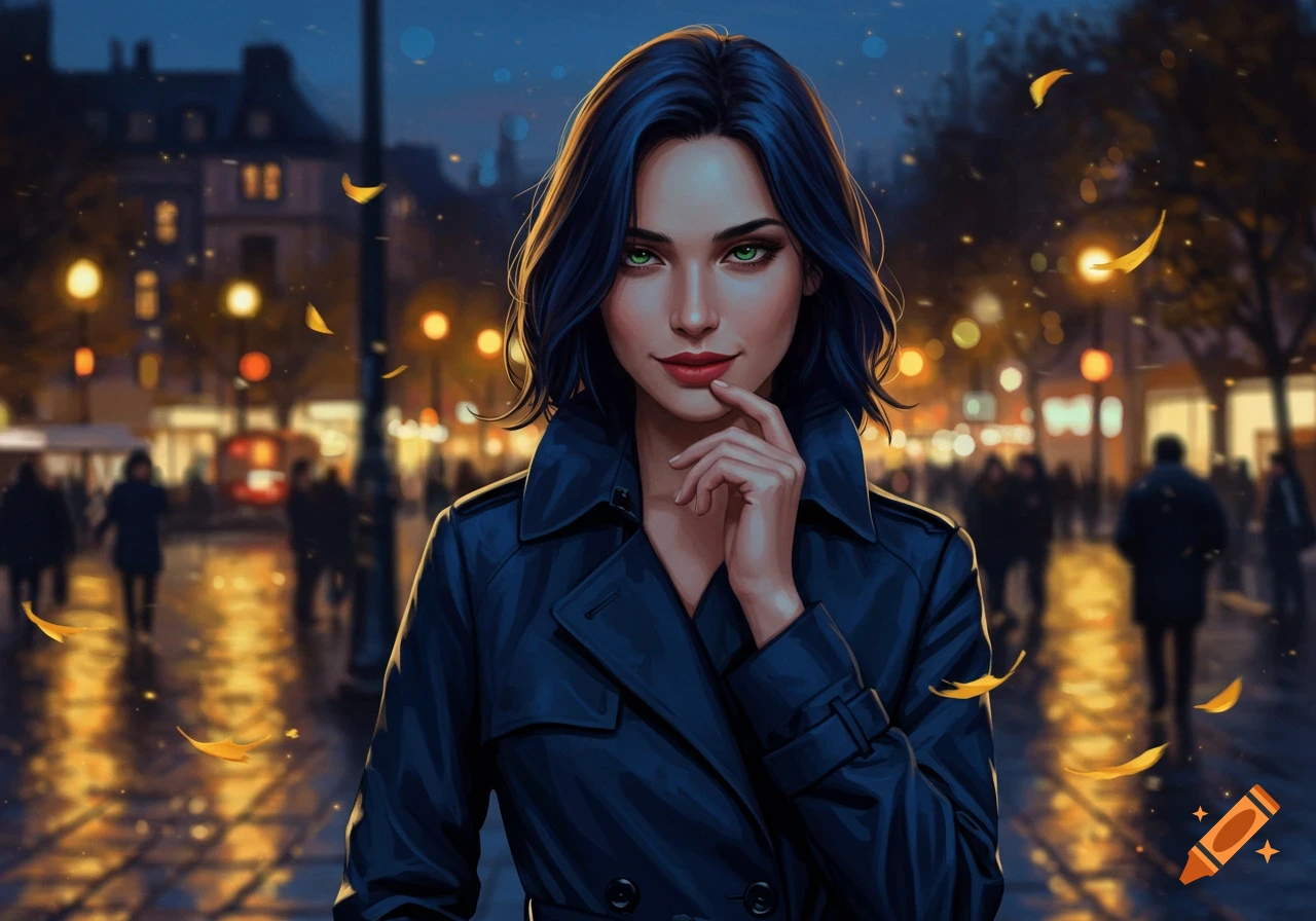 Digital art portrait of a woman with dark hair and green eyes, in a trench coat, on a wet city street at night.